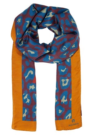 Écharpe douce avec imprimé léopard bleu et beige sur fond violet, bordée de bords orange unis, marquée du logo Aigner.