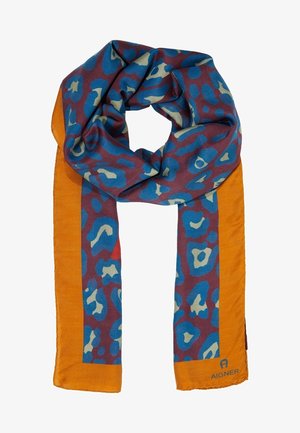 Écharpe douce avec imprimé léopard bleu et beige sur fond violet, bordée de bords orange unis, marquée du logo Aigner.