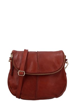 Brown leather crossbody bag with a curved shape, gold zipper detail, and adjustable strap. Smooth texture with minimal stitching accents.
