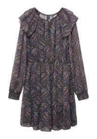 Robe bleu marine à manches longues avec détails à volants et motif floral paisley en marron et blanc, avec une taille froncée et des manches à poignets.