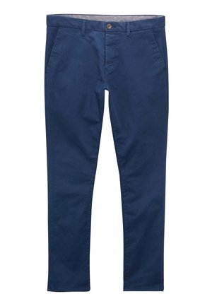 Chino in cotone blu navy con una texture morbida, dotato di due tasche laterali e una chiusura con bottone singolo in vita.