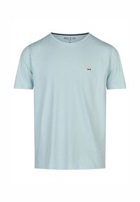 Světle modré bavlněné tričko s kulatým výstřihem, krátkými rukávy a malým vyšitým detailem slunečních brýlí na hrudi. Hladká textura.