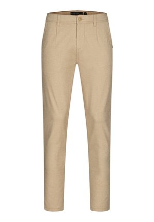 Béžové chinos kalhoty vyrobené z texturované tkaniny, s plochým předním dílem, poutky na opasek a jedním knoflíkovým zapínáním. Slim fit nohavice s úhledným stehem.