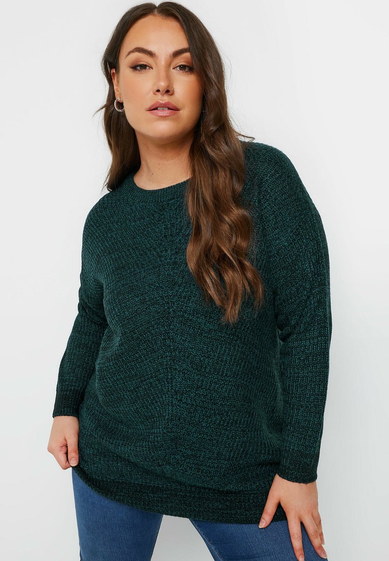 Donkergroen gebreid sweater met een ronde halslijn en lange mouwen, voorzien van een textuurpatroon en een licht gebogen zoom.