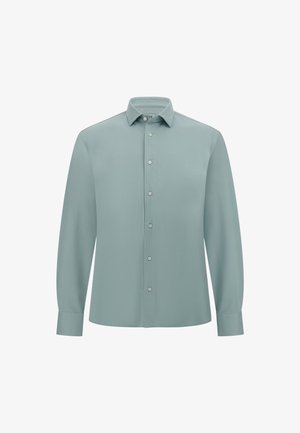 Jasno niebieska, długozasłonowa koszula z gładkiego materiału. Posiada klasyczny kołnierzyk oraz zapięcie na guziki z widocznymi detalami guzików.