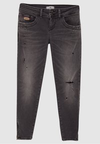 Černé denimové džíny s úzkým střihem, s efektem opotřebení, kapsami a malou nášivkou s logem. Zipy na cuffech na spodním okraji.