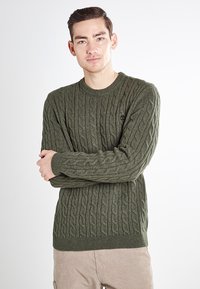 Pull en maille torsadée verte avec un col rond, un motif texturé et des poignets et un ourlet côtelés. Le design comprend un petit détail logo.