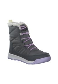 Grijze geïsoleerde winterlaars met een nepbontafwerking, paarse veters en een gestructureerd ontwerp. Heeft een lichtgewicht zool met een gemêleerde buitenzool.