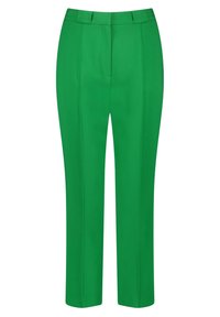 Pantalon vert sur mesure en tissu lisse, avec une coupe droite, des plis à l'avant et une taille munie de passants pour ceinture.