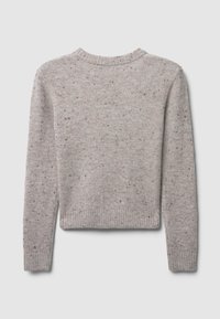 Pull gris avec un tricot texturé et des détails mouchetés. Il présente un col rond ainsi que des poignets et un ourlet côtelés. Design court.