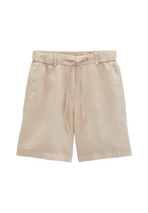 Short beige en mélange de lin avec taille élastique, cordon de serrage, passants pour ceinture, poches latérales et coupe décontractée.