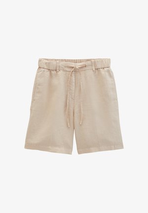 Short beige en mélange de lin avec taille élastique, cordon de serrage, passants pour ceinture, poches latérales et coupe décontractée.