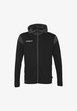 Zwarte hooded jas met grijze accenten, gemaakt van zachte stof; heeft een volledige rits, lange mouwen en een logo op de voorkant.