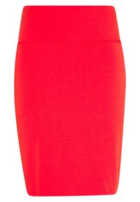 Rote Bleistiftrock aus dehnbarem Stoff, mit hohem Taillenbund, glatter Textur und figurnaher Silhouette. Keine Muster oder zusätzlichen Details.