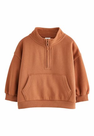 Felpa marrone con collo con zip a un quarto, tasca frontale a marsupio e polsini e orlo a coste.