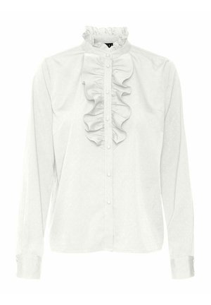 Hvid bluse med lange ærmer med flæset frontklap og krave, knaplukning og subtil prikkeret tekstur på stoffet.