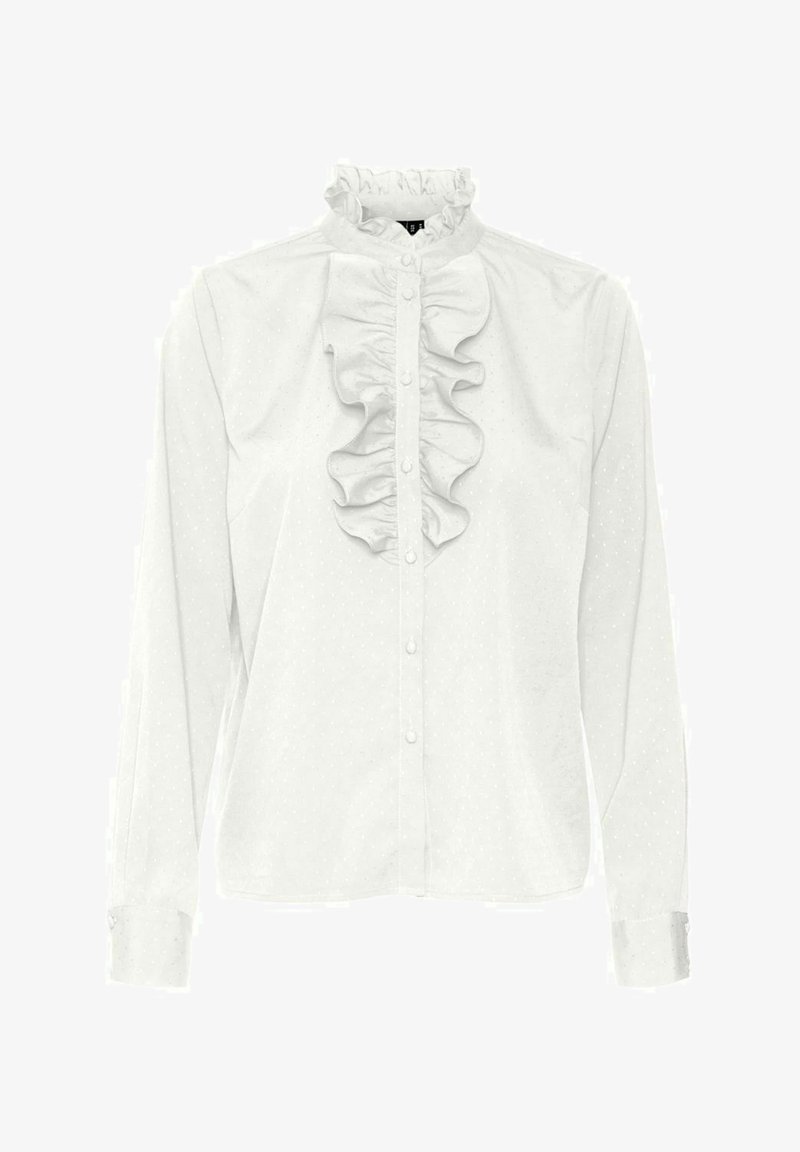 Blouse blanche à manches longues avec patte de boutonnage à volants sur le devant et col, fermeture boutonnée, et texture subtile à pois sur le tissu.
