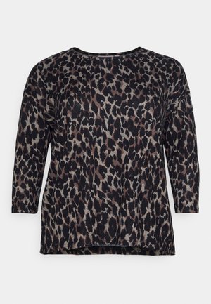 Blusa de manga larga con estampado de leopardo y escote redondo. Tejido suave en tonos de negro, marrón y beige, con un corte holgado y dobladillo curvado.