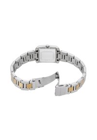 Silver and gold-tone stainless steel watch with a rectangular case, link bracelet design, and a polished finish, showcasing a classic look.