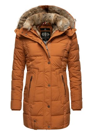 Oranje gewatteerde parka jas met een capuchon met nepbont, ritssluiting aan de voorkant, drukknoopsluitingen en zijzakken. Gestructureerde stof met gestikte patroon details.