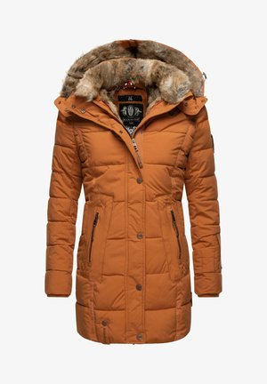 Orange padded parka jacket with a faux fur-lined hood, front zip, snap closures, and side pockets. Textured fabric with quilted pattern details.