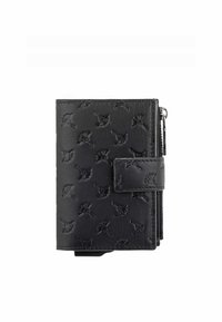 Portafoglio in pelle nera con motivi floreali in rilievo, chiusura a scatto e scomparto con zip per una conservazione sicura. Forma rettangolare compatta.