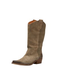 Stivale da cowboy in suede marrone con punta affusolata e cucitura decorativa. Presenta un tacco basso e un albero arrotondato con linguette per una facile indossabilità.