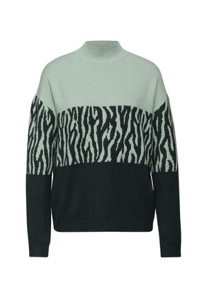 Maglione a maglia verde e nero con collo alto, caratterizzato da un motivo a strisce zebrate lungo il petto. Texture morbida e design ampio.