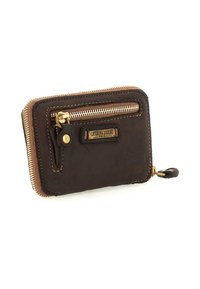 Portafoglio in pelle marrone scuro con zip dorata, piccola tasca anteriore con zip e un'etichetta con la scritta "Caterina Lucchi Gold."