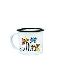 Weißer Emaillebecher mit schwarzem Rand, der Cartoon-Hunde, ein Hundehaus und das Wort "HUNDE" in fetten Buchstaben an der Seite zeigt.