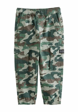 Zielone i brązowe spodnie cargo w kamuflażu, z elastycznym pasem, sznurkiem do ściągania, bocznymi kieszeniami z klapkami oraz elastycznymi mankietami.