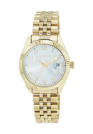 Gold wristwatch with a metal bracelet, round case, silver dial, index hour markers, date display at 3 o'clock, and textured bezel.