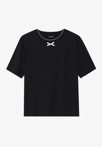 T-shirt nero a maniche corte realizzato in tessuto morbido, con scollatura bianca a scallop e un accento a fiocco bianco al centro.