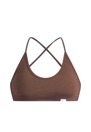 Bralette marrón hecho de tela suave, con diseño de copas triangulares y tirantes cruzados en la espalda. Sin relleno ni aro.