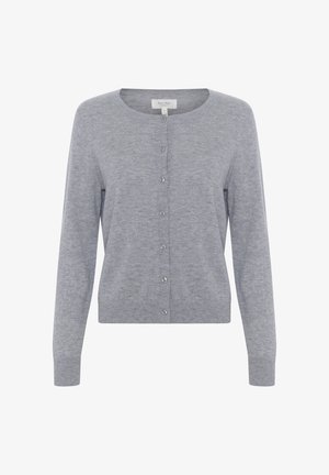 Grau gestrickte Strickjacke aus weichem Material, mit rundem Hals, langen Ärmeln und vorderem Knopfverschluss mit sechs kleinen, glänzenden Knöpfen.