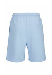 Lichtblauwe katoenen shorts met een elastische tailleband, zijzakken en een enkele achterzak. Afgewerkt met minimale stikseldetails.