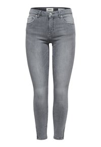 Grå slim jeans i denim med knapp och dragkedja fram, fem fickor och lätt blekta detaljer för textur.