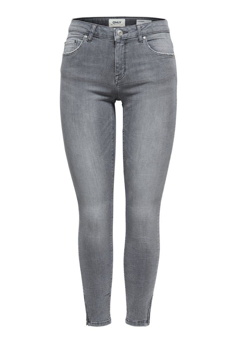 Grå slim jeans i denim med knapp och dragkedja fram, fem fickor och lätt blekta detaljer för textur.