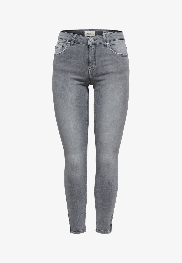 Grå slim jeans i denim med knapp och dragkedja fram, fem fickor och lätt blekta detaljer för textur.