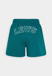 Tyrkysové bavlněné kraťasy s elastickým pasem mají na zadní straně velký bílý nápis "LEVI'S". Hladká textura, volný střih.