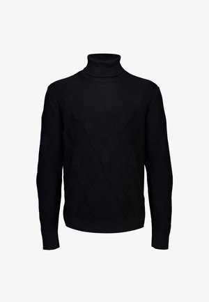 Schwarzer Rollkragenpullover aus strukturiertem Strickstoff, mit einem Rautenmuster, langen Ärmeln und einer taillierten Silhouette.