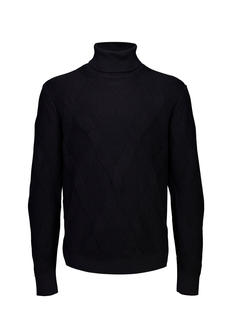 Maglione nero a collo alto realizzato in tessuto lavorato a maglia, caratterizzato da un motivo a diamante, maniche lunghe e silhouette aderente.