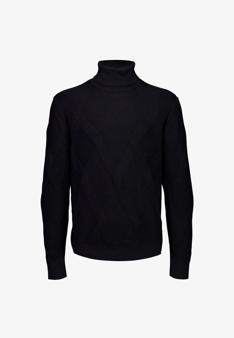 Maglione nero a collo alto realizzato in tessuto lavorato a maglia, caratterizzato da un motivo a diamante, maniche lunghe e silhouette aderente.