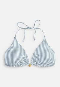 Haut de bikini triangle à rayures verticales bleues et blanches avec attache tour de cou et petit charm rond doré au centre devant.