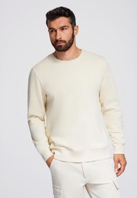 Lys beige crew-neck sweatshirt lavet af blødt stof, med ribbet halsudskæring og manchetter, i afslappet pasform og uden synlige mønstre.