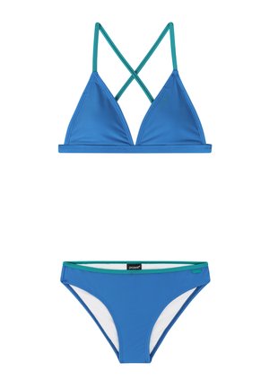 Blauer zweiteiliger Bikini mit Triangle-Oberteil, das gekreuzte türkisfarbene Träger zeigt, und passendem Unterteil mit türkisfarbener Einfassung und weißem Futter.