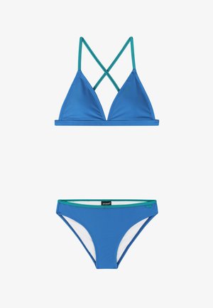 Blauwe tweedelige bikini met een driehoekige top voorzien van gekruiste teal bandjes en bijpassende broek met teal rand en witte voering.