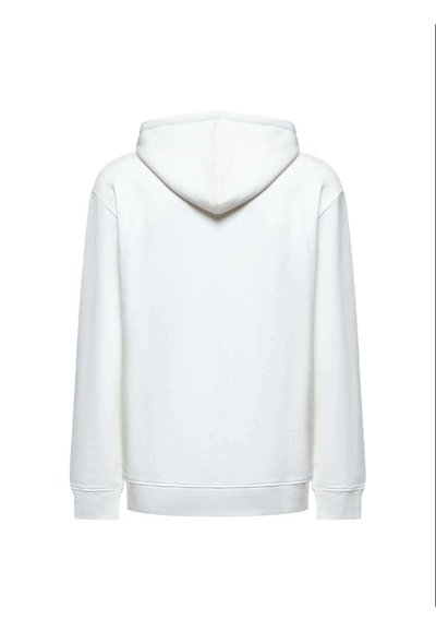Felpa bianca con un design classico, dotata di cappuccio regolabile con lacci, maniche lunghe e polsini e orlo a costine. Texture liscia, senza loghi visibili.