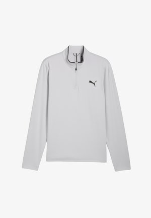 Lichtgrijze lange mouwen trui met een rits bij de hals, voorzien van een zwart logo op de linkerborst en vlakke naden voor een gladde afwerking.