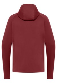 Bordeaux lange mouwen hoodie van een textuurstof, slim-fit ontwerp en een hoge kraag. De achterkant heeft een naadloze en strakke afwerking.